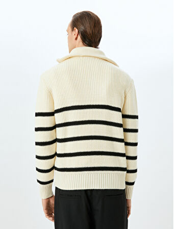 Yarım Fermuarlı Yün Karışımlı Çizgili Triko Kazak