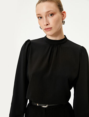 Hakim Yaka Bluz Uzun Kollu Drapeli