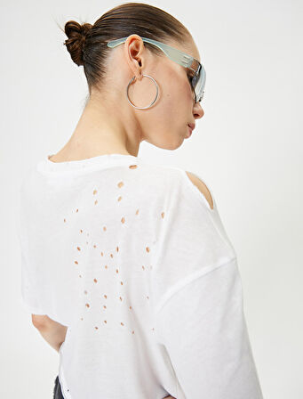 Yırtık Tişört Baskılı Kısa Kollu Bisiklet Yaka Pamuklu Rahat Kalıp