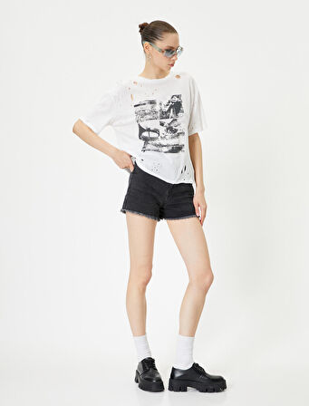 Yırtık Tişört Baskılı Kısa Kollu Bisiklet Yaka Pamuklu Rahat Kalıp