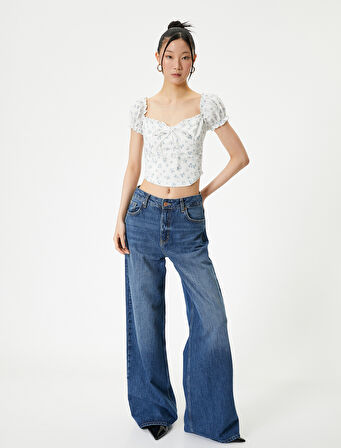 Çiçekli Balon Kol Bluz Crop Fiyonklu Fırfır Detaylı 