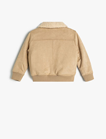 Biker Ceket Peluş Yaka Detaylı Fermuarlı