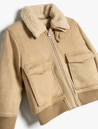 Biker Ceket Peluş Yaka Detaylı Fermuarlı