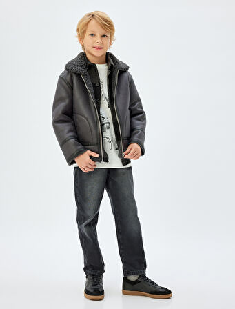 Biker Ceket Deri Görünümlü Suni Kürk Yaka Detaylı Fermuarlı