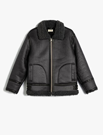 Biker Ceket Deri Görünümlü Suni Kürk Yaka Detaylı Fermuarlı