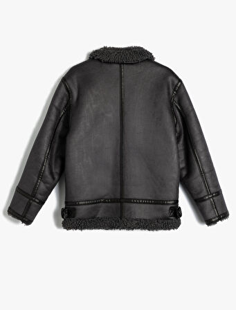 Biker Ceket Deri Görünümlü Suni Kürk Yaka Detaylı Fermuarlı