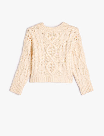 Basic Triko Kazak Saç Örgü Detaylı Uzun Kollu Bisiklet Yaka