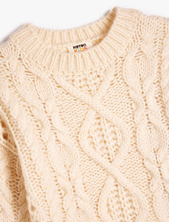 Basic Triko Kazak Saç Örgü Detaylı Uzun Kollu Bisiklet Yaka