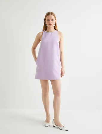 İncili Mini Elbise Halter Yaka Kolsuz Astarlı Cepli