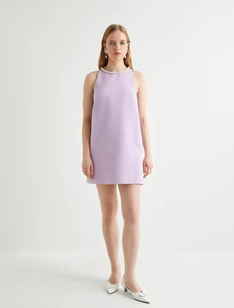 İncili Mini Elbise Halter Yaka Kolsuz Astarlı Cepli