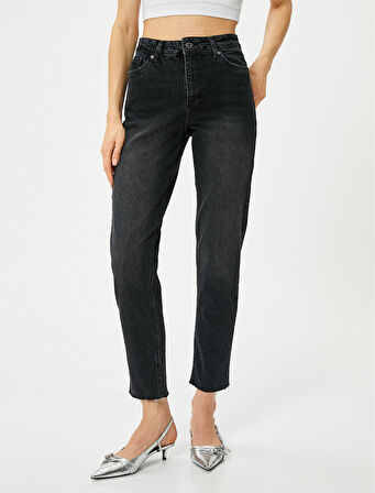 Yüksek Bel Kot Pantolon Rahat Kesim Hafif Dar Paça - Mom Slim Jeans