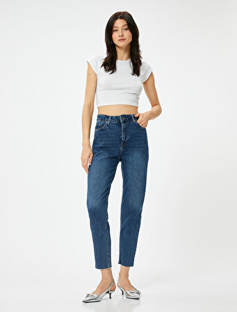 Yüksek Bel Kot Pantolon Rahat Kesim Hafif Dar Paça - Mom Slim Jeans