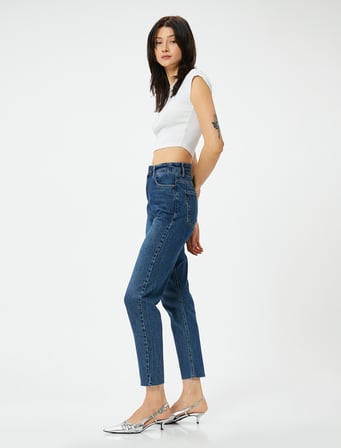 Yüksek Bel Kot Pantolon Rahat Kesim Hafif Dar Paça - Mom Slim Jeans