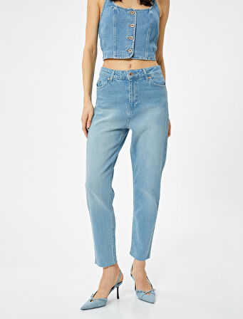 Yüksek Bel Kot Pantolon Rahat Kesim Hafif Dar Paça - Mom Slim Jeans