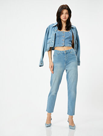 Yüksek Bel Kot Pantolon Rahat Kesim Hafif Dar Paça - Mom Slim Jeans