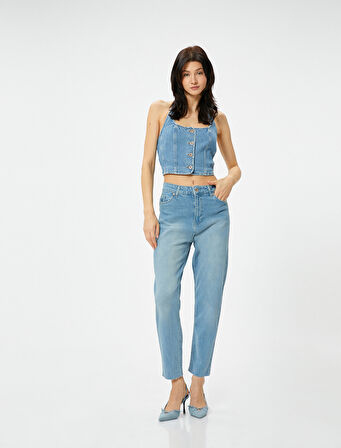 Yüksek Bel Kot Pantolon Rahat Kesim Hafif Dar Paça - Mom Slim Jeans