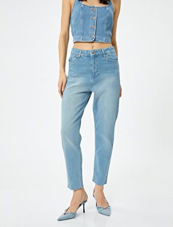 Yüksek Bel Kot Pantolon Rahat Kesim Hafif Dar Paça - Mom Slim Jeans