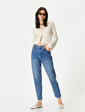 Yüksek Bel Kot Pantolon Rahat Kesim Hafif Dar Paça - Mom Slim Jeans