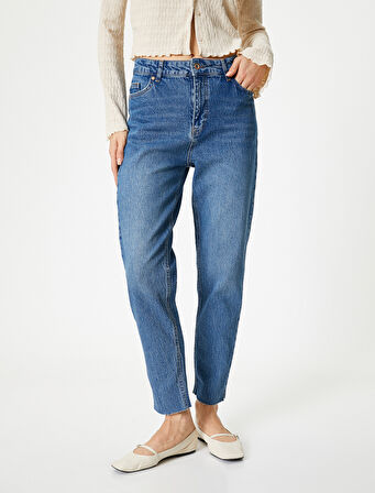 Yüksek Bel Kot Pantolon Rahat Kesim Hafif Dar Paça - Mom Slim Jeans