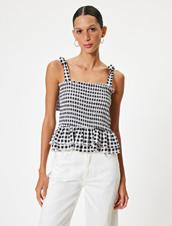 Kolsuz Bluz Pötikareli Fırfırlı Kare Yaka Bağlama Detaylı Gipeli Slim Fit