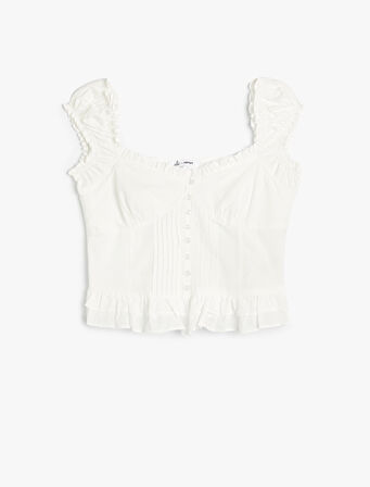 Poplin Bluz Crop Fırfırlı Kalın Askılı Düğmeli Kalp Yaka