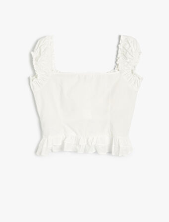 Poplin Bluz Crop Fırfırlı Kalın Askılı Düğmeli Kalp Yaka