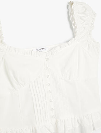 Poplin Bluz Crop Fırfırlı Kalın Askılı Düğmeli Kalp Yaka