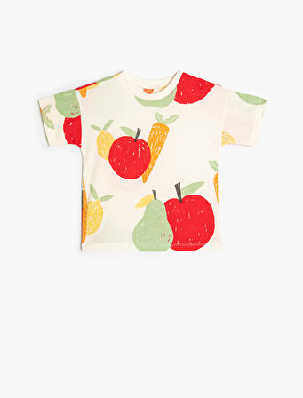 Tişört Meyve Baskılı Kısa Kollu Bisiklet Yaka Pamuklu