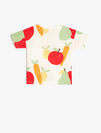 Tişört Meyve Baskılı Kısa Kollu Bisiklet Yaka Pamuklu