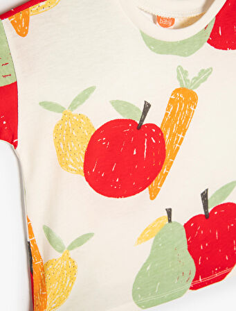 Tişört Meyve Baskılı Kısa Kollu Bisiklet Yaka Pamuklu