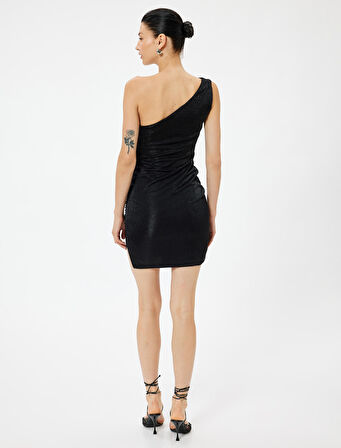 Tek Omuz Mini Abiye Elbise Simli Kolsuz Drapeli Slim Fit