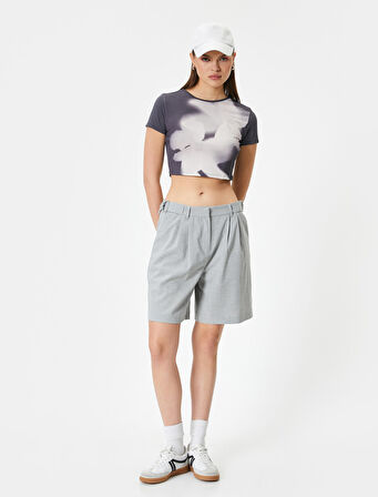 Soyut Desenli Crop Tişört Kısa Kollu Bisiklet Yaka Slim Fit