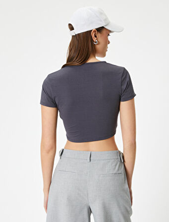 Soyut Desenli Crop Tişört Kısa Kollu Bisiklet Yaka Slim Fit