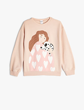 Kız Çocuk Sweatshirt Köpek Baskılı Bisiklet Yaka Uzun Kollu