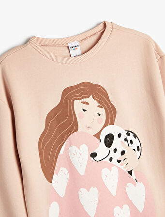 Kız Çocuk Sweatshirt Köpek Baskılı Bisiklet Yaka Uzun Kollu