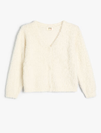 Peluş Hırka V Yaka Uzun Kollu 