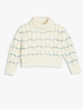 Boğazlı Crop Kazak Örgü Detaylı Uzun Kollu Desenli