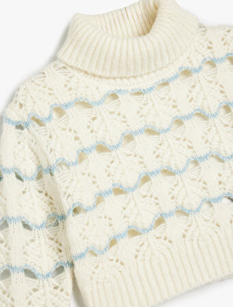 Boğazlı Crop Kazak Örgü Detaylı Uzun Kollu Desenli