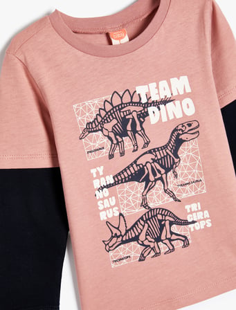 Dinozorlu Tişört Uzun Kollu Bisiklet Yaka Pamuklu