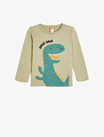 Dinozorlu Tişört Uzun Kollu Bisiklet Yaka Pamuklu
