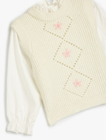 Triko Kazak Fırfır Yaka Detaylı Çiçek İşlemeli 