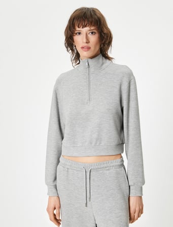 Yarım Fermuarlı Sweatshirt Dik Yaka Düşük Omuz Detaylı
