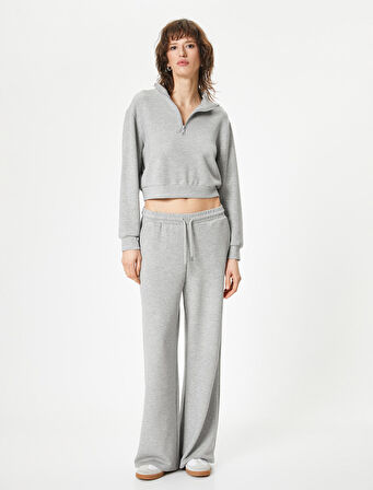 Yarım Fermuarlı Sweatshirt Dik Yaka Düşük Omuz Detaylı