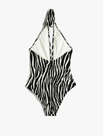 Halter Yaka Mayo Zebra Desenli Derin V Yaka Pencere Detaylı 