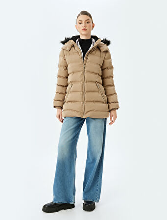 Şişme Mont Kapüşonlu Suni Kürk Yaka Cepli Fermuarlı