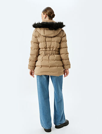 Şişme Mont Kapüşonlu Suni Kürk Yaka Cepli Fermuarlı