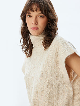 Dokulu Kolsuz Balıkçı Yaka Saç Örgü Süveter