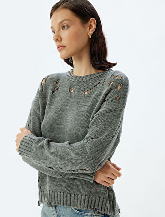 Ajurlu Oversize Kazak Triko Bisiklet Yaka Uzun Kollu