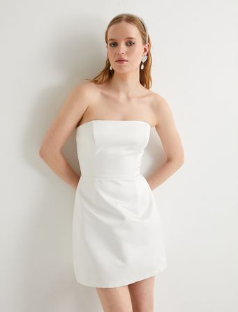 Straplez Saten Elbise Bridal Mini Boy Slim Fit