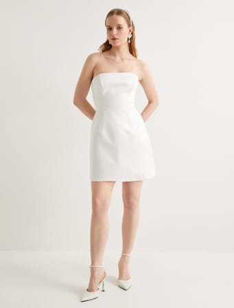 Straplez Saten Elbise Bridal Mini Boy Slim Fit